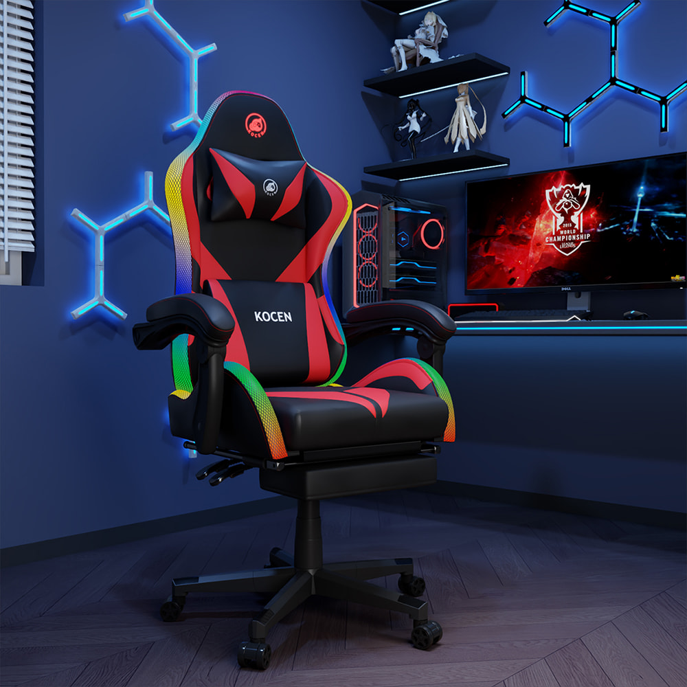 Krzesło do gier ze skóry PU, krzesło e-sportowe z wielokolorowymi regulowanymi światłami RGB, zasilanie przez USB, pilot