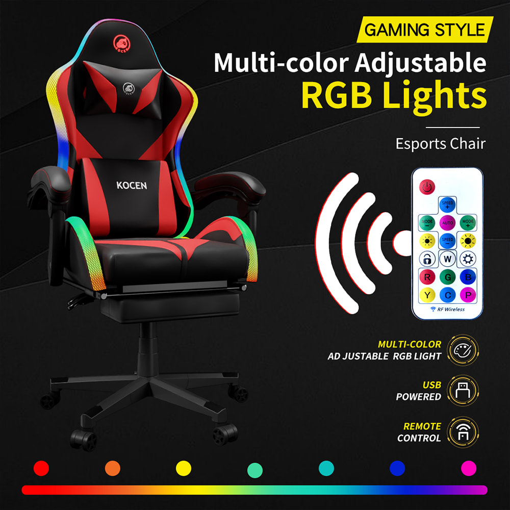 Krzesło do gier ze skóry PU, krzesło e-sportowe z wielokolorowymi regulowanymi światłami RGB, zasilanie przez USB, pilot Krzesło do gier ze skóry PU, krzesło e-sportowe z wielokolorowymi regulowanymi światłami RGB, zasilanie przez USB, pilot
