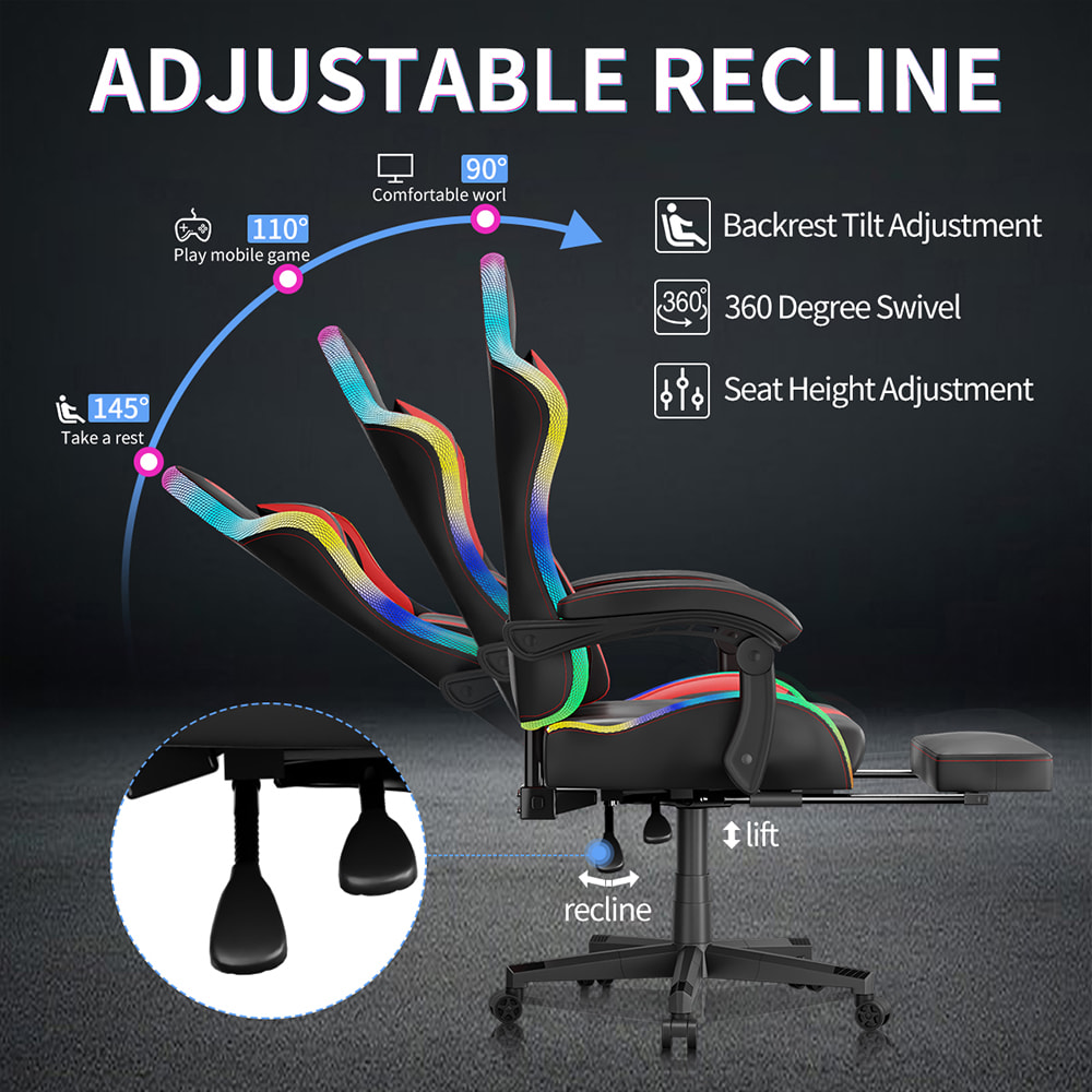 Krzesło do gier ze skóry PU, krzesło e-sportowe z wielokolorowymi regulowanymi światłami RGB, zasilanie przez USB, pilot Krzesło do gier ze skóry PU, krzesło e-sportowe z wielokolorowymi regulowanymi światłami RGB, zasilanie przez USB, pilot
