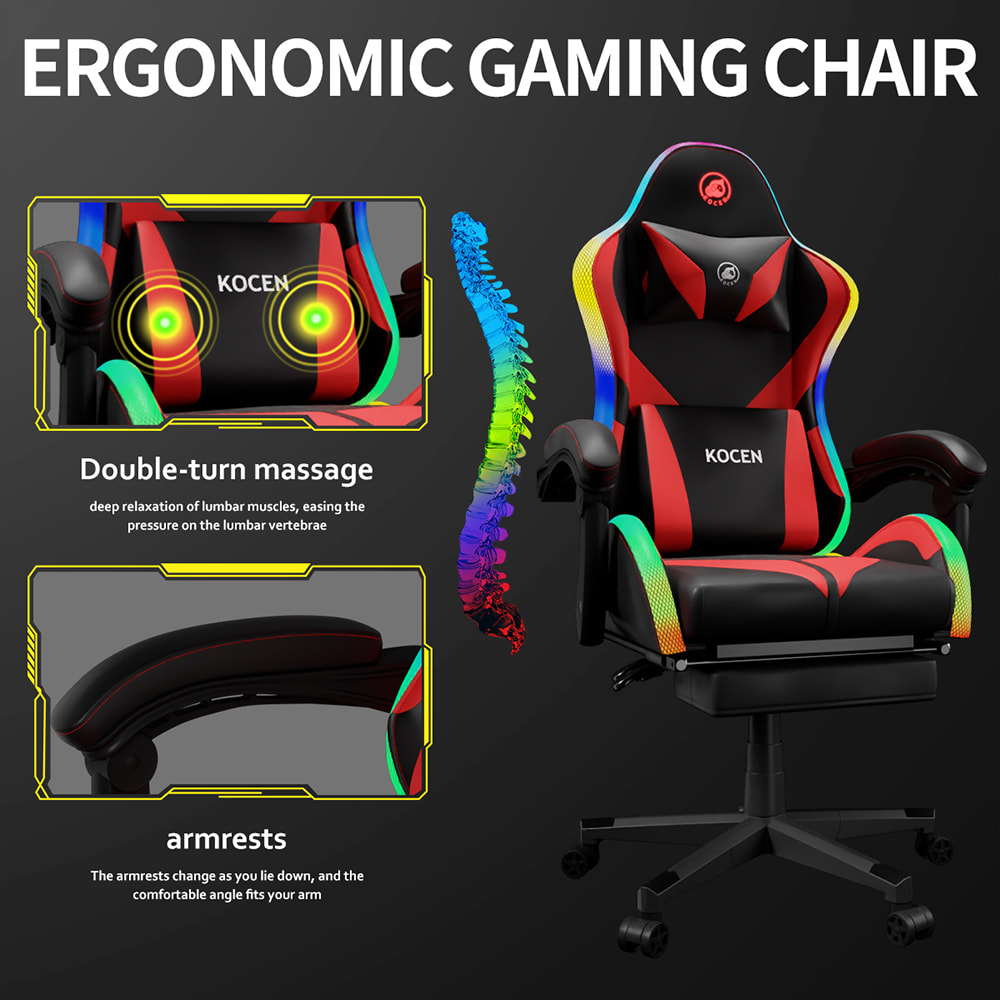Krzesło do gier ze skóry PU, krzesło e-sportowe z wielokolorowymi regulowanymi światłami RGB, zasilanie przez USB, pilot Krzesło do gier ze skóry PU, krzesło e-sportowe z wielokolorowymi regulowanymi światłami RGB, zasilanie przez USB, pilot